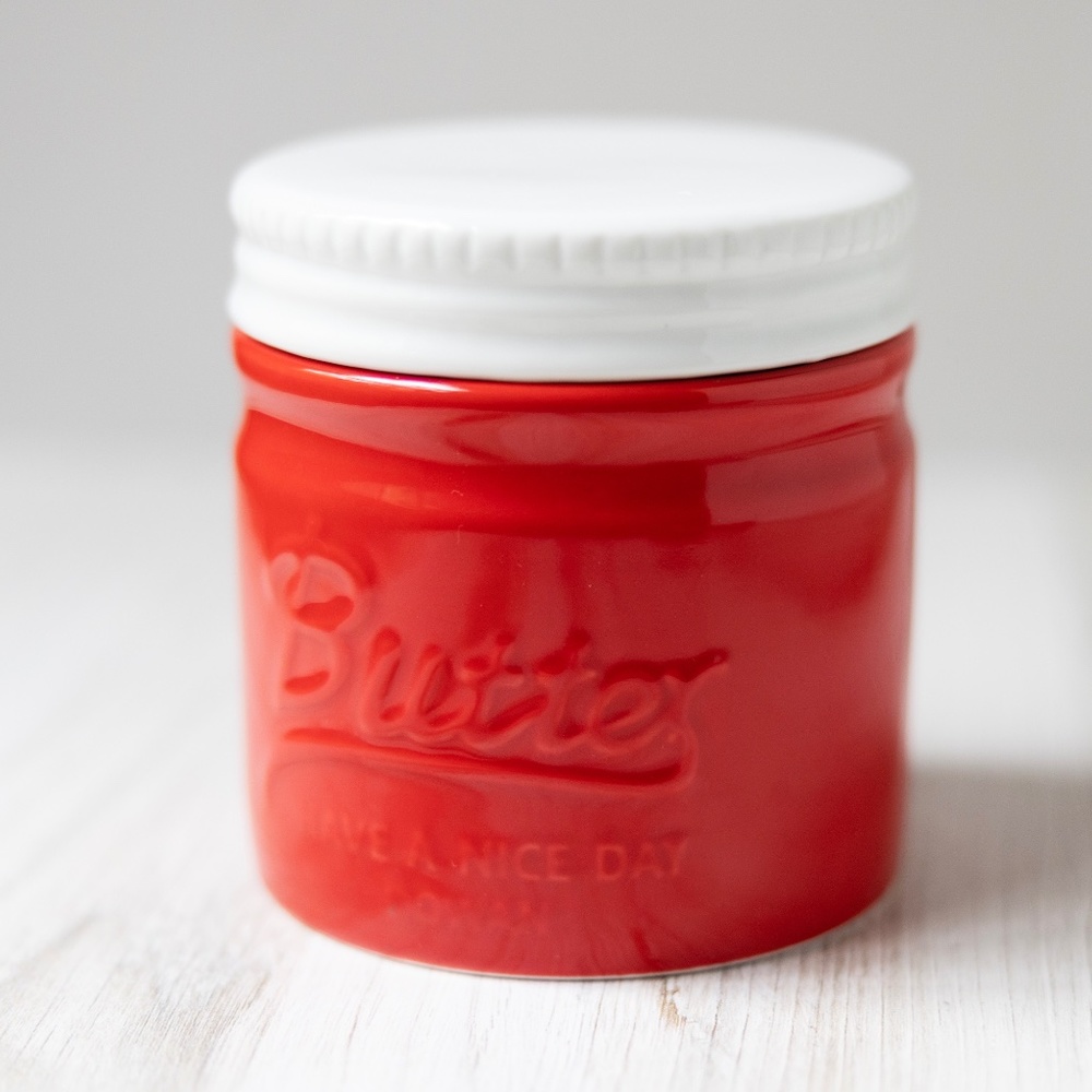 Red white Dowan ceramic butter crock Have a Nice Day